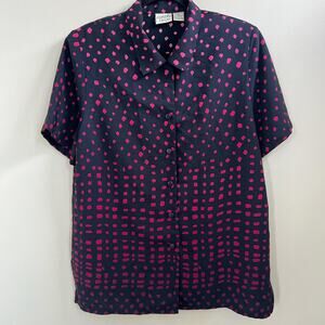 Vintage 80s black and pink polka dot women’s short sleeve blouse size 12